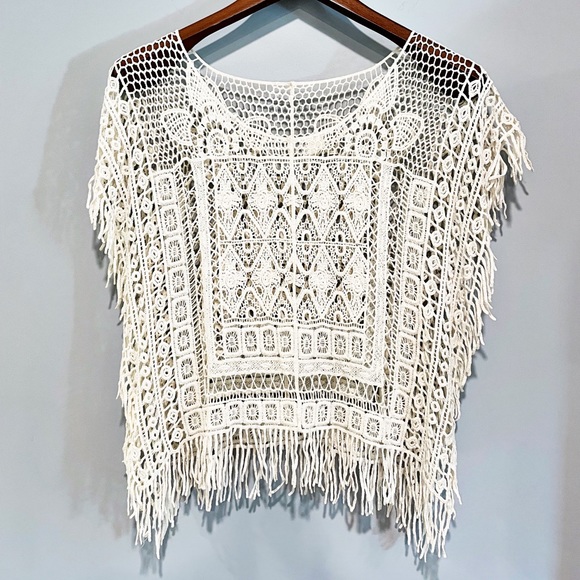 Beige Crochet Lace Embroidered Coverup Blouse Batwing Sleeve Loose Fit - Picture 8 of 16